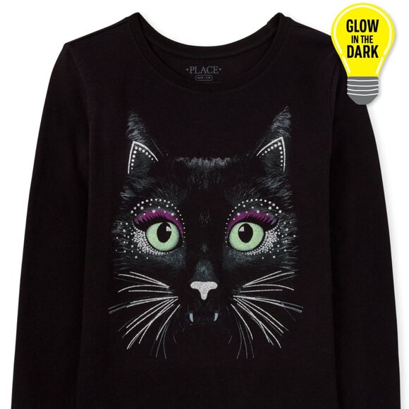 The Childrens Place Girls Glow Black Cat Graphic Tee Small 5/6 Long Sleeve NWT - Picture 1 of 3